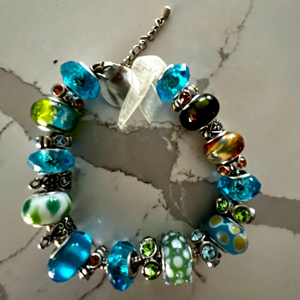 Glass bracelet, with beads , turquoise, green, silver
